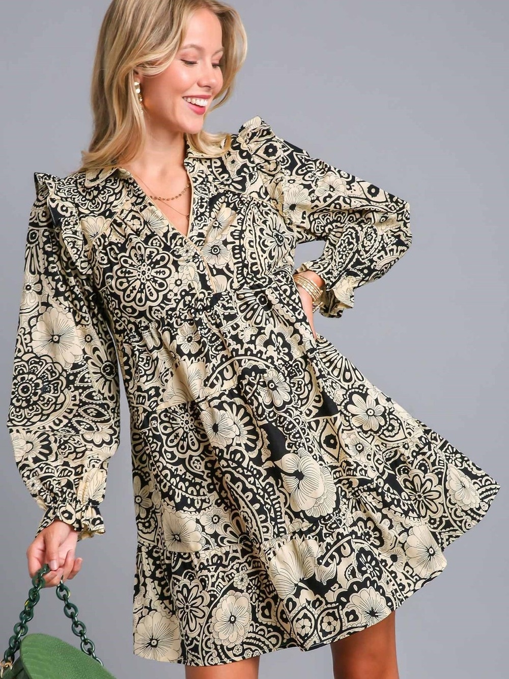 Umgee Floral Tiered V-Neck Dress in Black & Cream